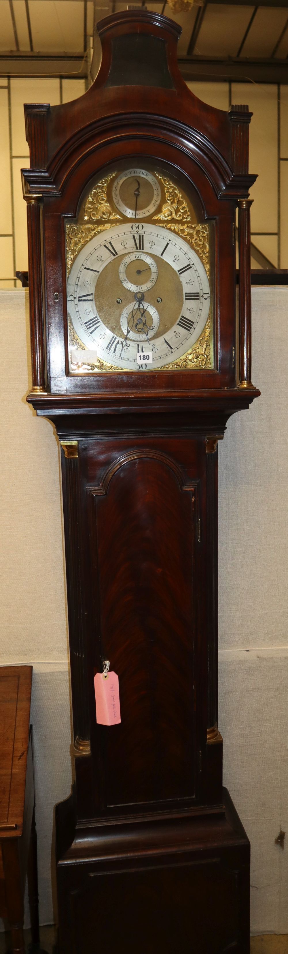 A George III mahogany eight day longcase clock, H.230cm, weights present